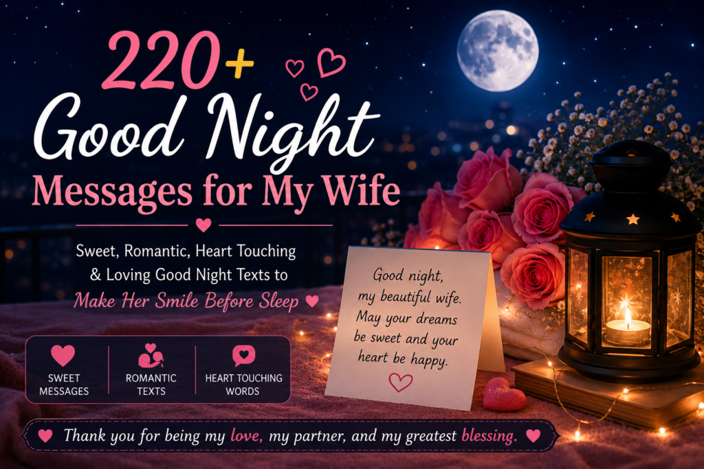 Good night messages for my wife with moonlight, roses, hearts, and a romantic night background