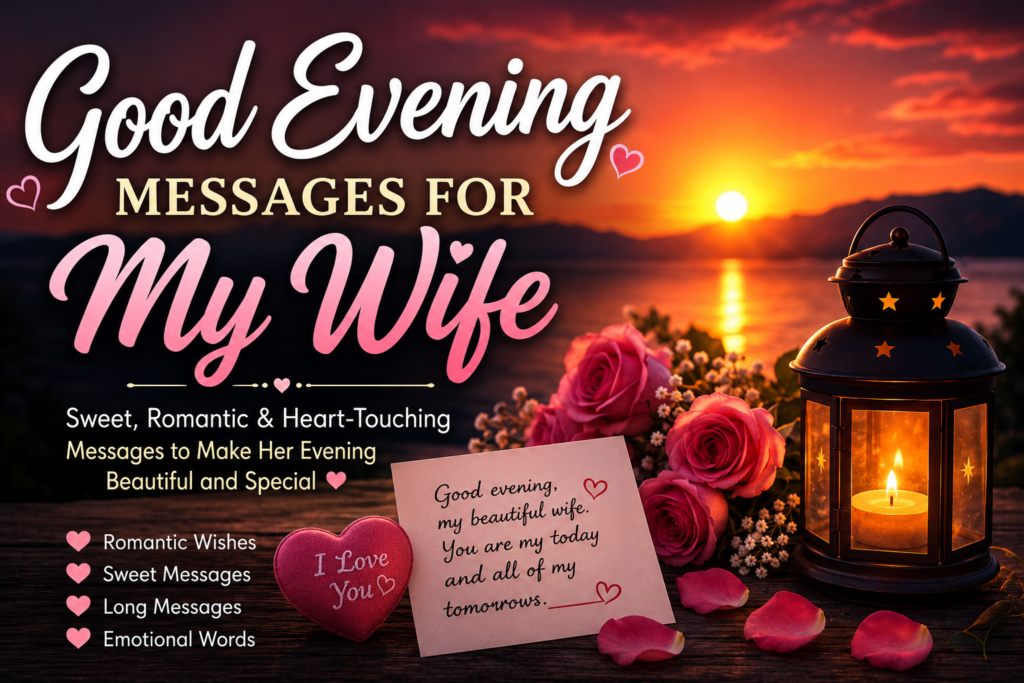 Romantic good evening messages for my wife with a beautiful sunset background