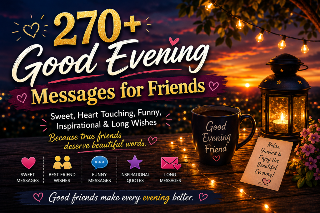 Good evening messages for friends with sunset, coffee, warm lights, and friendship theme