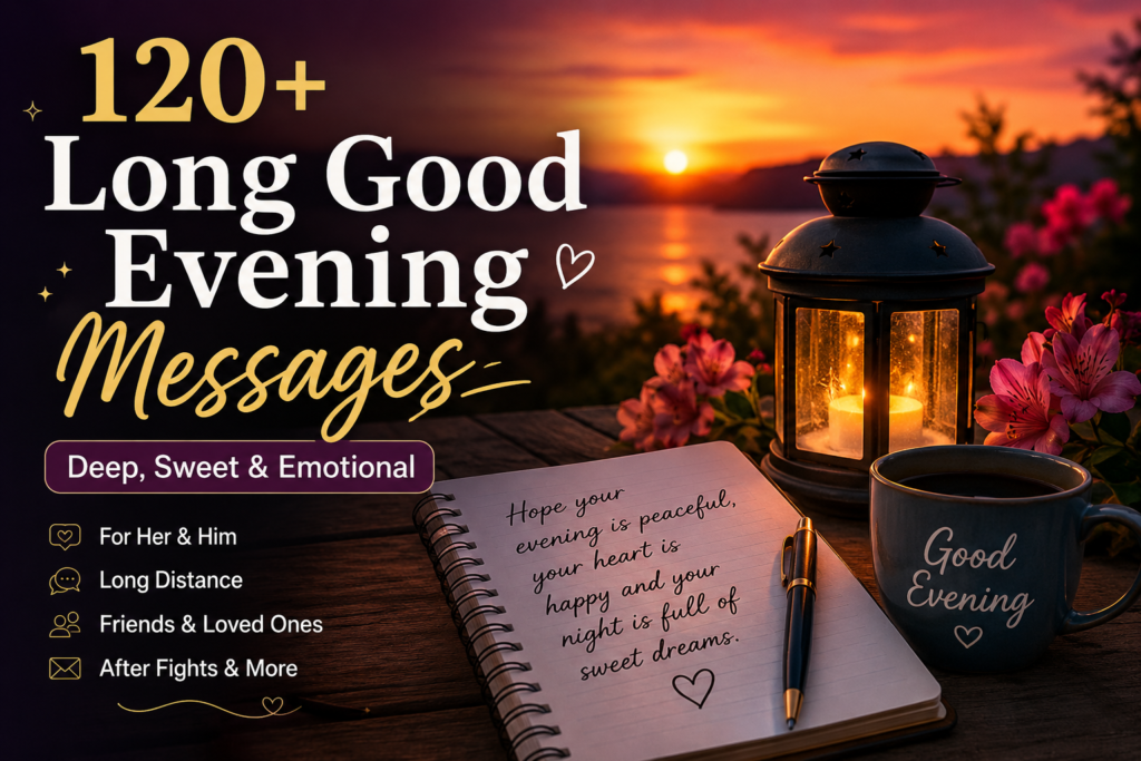 Long Good Evening Messages with beautiful sunset background and romantic evening wishes