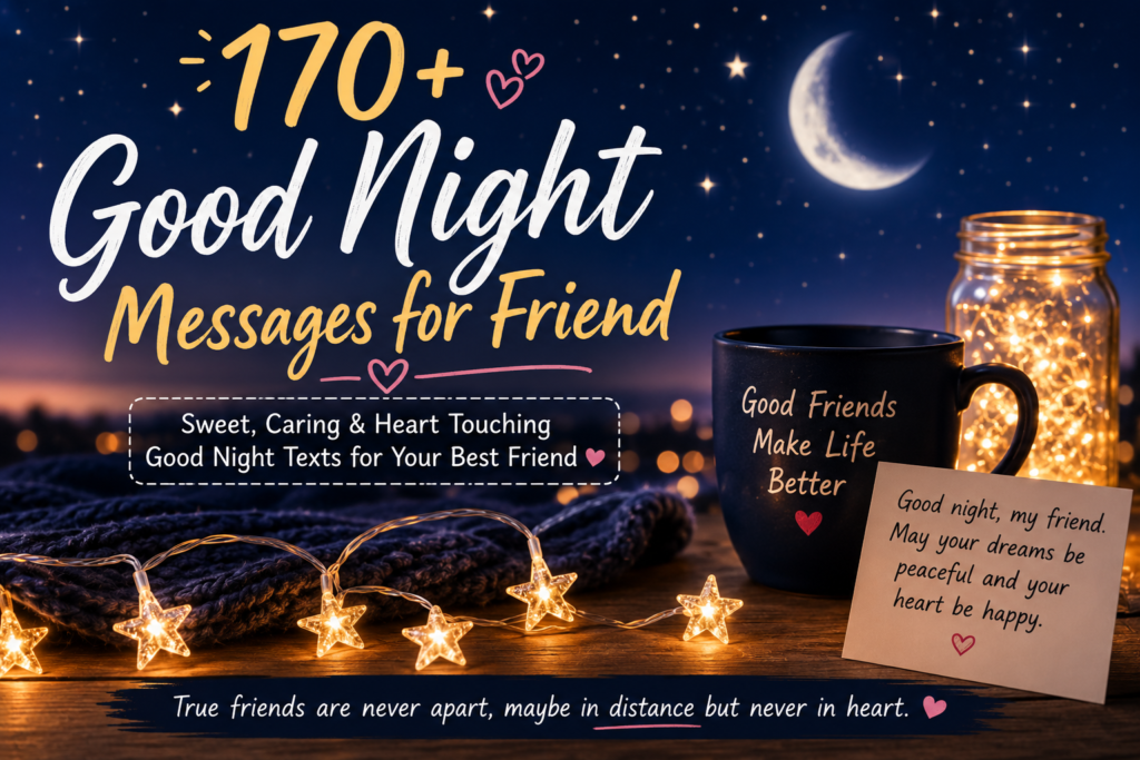 Good night messages for friend with moon, stars, and cozy friendship theme