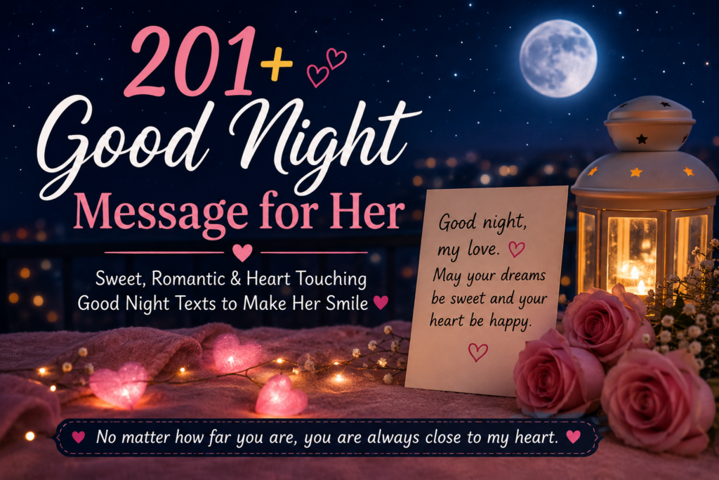 Good night message for her with moonlight flowers hearts and romantic night background