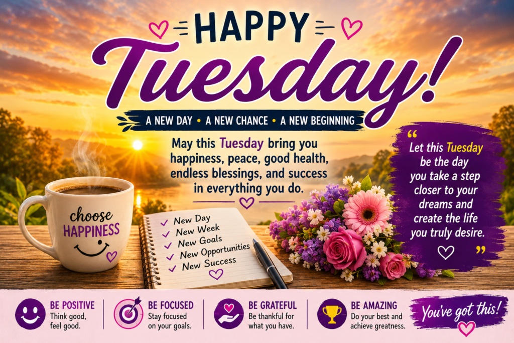 Happy Tuesday messages wishes blessings and quotes with a beautiful sunrise background