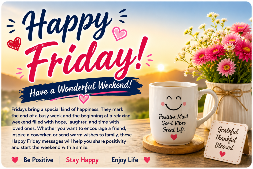 Happy Friday messages image with inspirational quote, beautiful sunrise, coffee mug, and weekend wishes