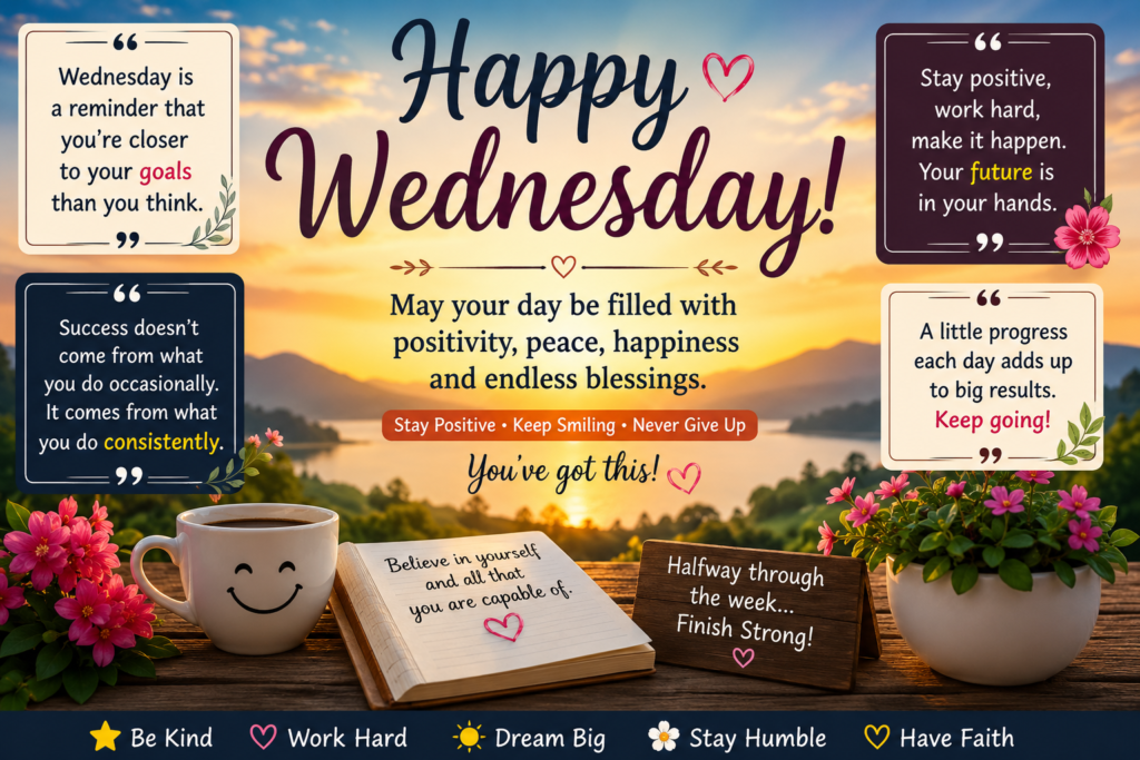 Happy Wednesday messages wishes blessings greetings quotes and prayers with a beautiful sunrise background